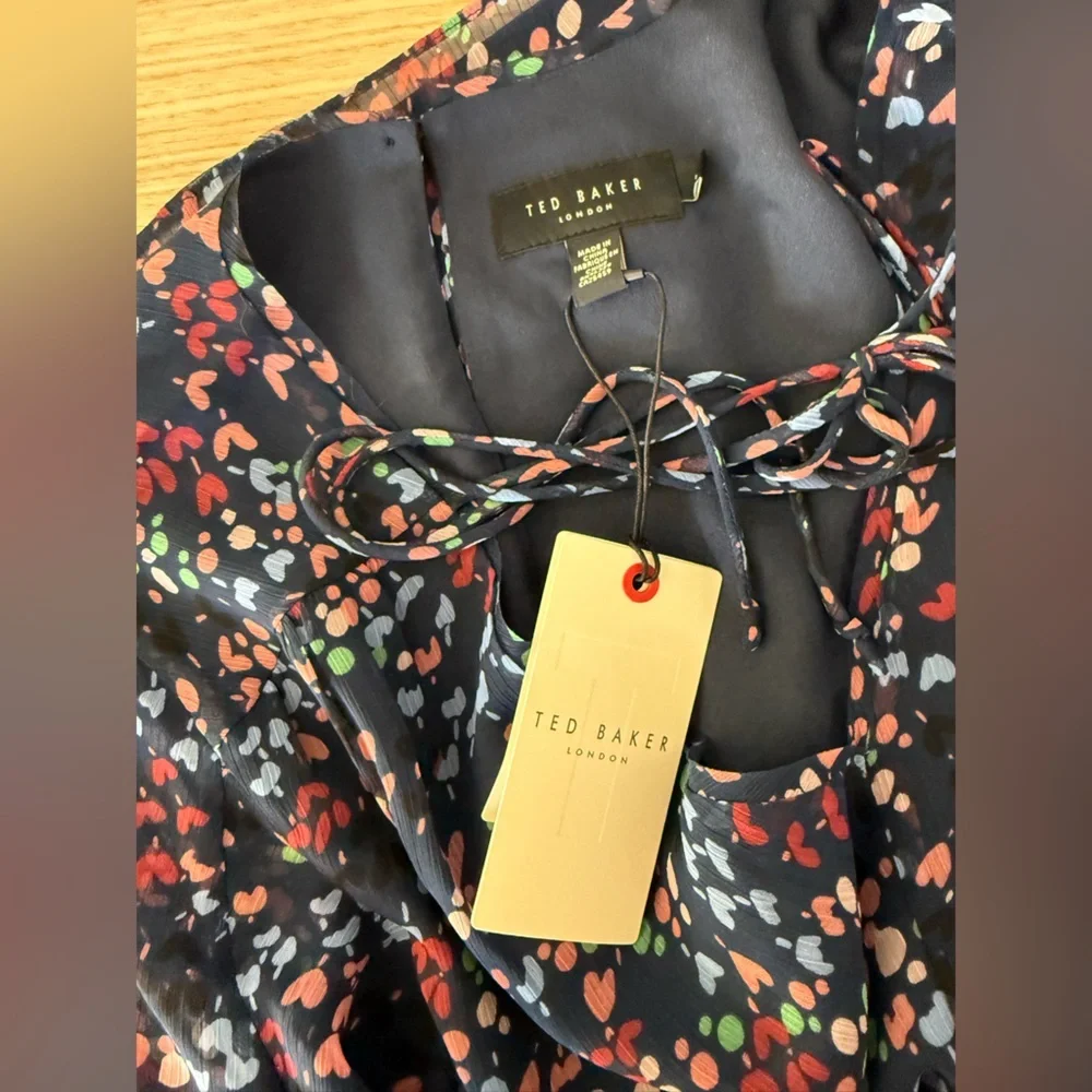 Ted Baker Navy Floral Dot Tie-Neck Blouse Size O NWT